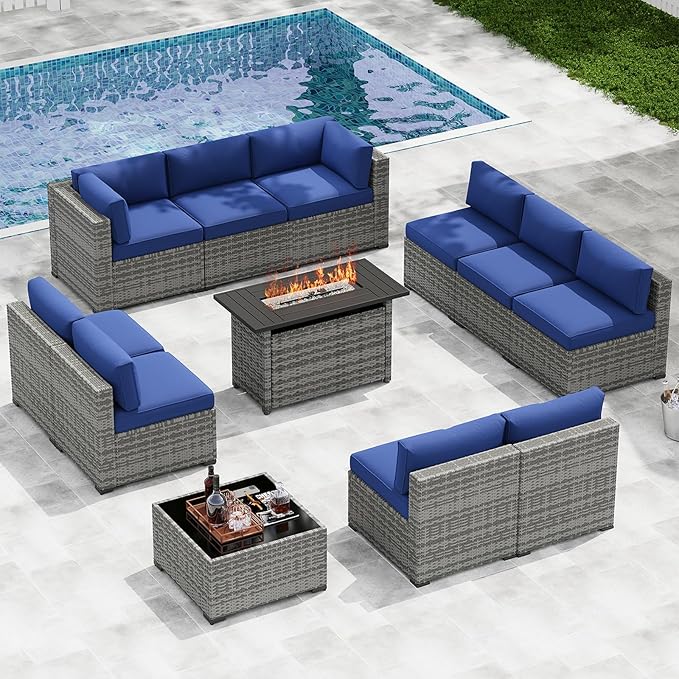LazySunsets 12-Piece Patio Furniture Set with 44" Fire Pit Table, Wicker Outdoor Furniture, Patio Conversation Sets with Coffee Table, Outdoor Sectional Couch with Waterproof Cover, Blue