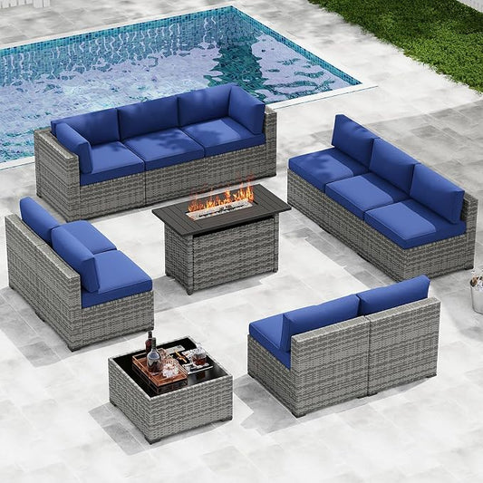 LazySunsets 12-Piece Patio Furniture Set with 44" Fire Pit Table, Wicker Outdoor Furniture, Patio Conversation Sets with Coffee Table, Outdoor Sectional Couch, Blue