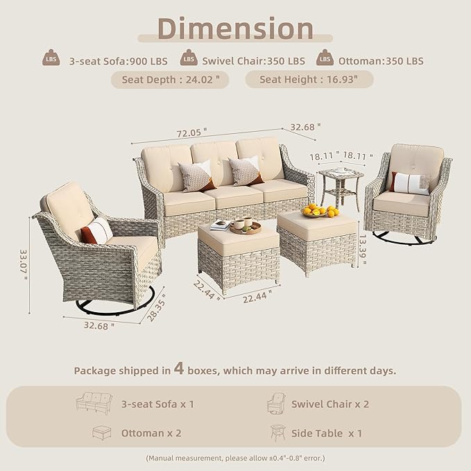 6-Piece Patio Furniture Set, Outdoor Conversation Set Sectional Sofa with Rocking Chairs and Water Resistant Cushions, Beige