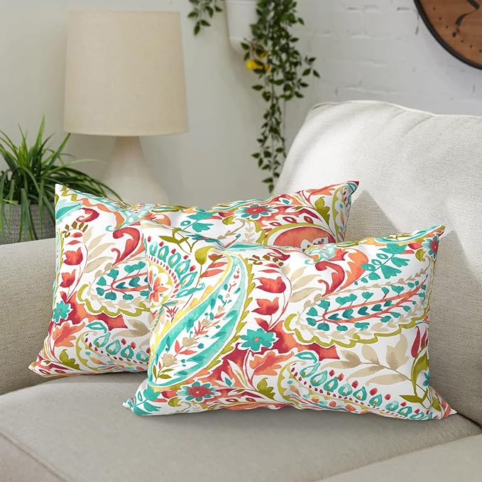DYTXIII Pack of 2 Waterproof Outdoor Lumbar Pillow with Inserts, 12x20 in Rectangle Decorative Patio Throw Pillow for Home, Sofa,Bench and Patio Furniture, Pretty Paisley