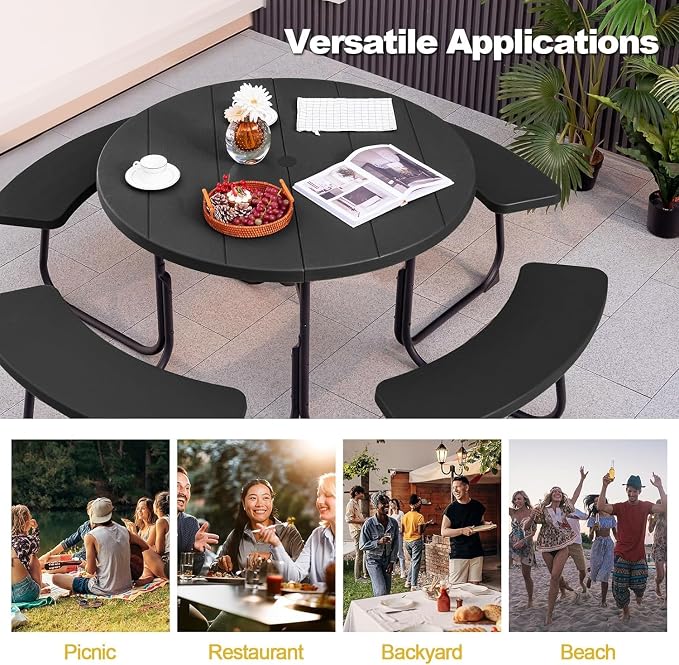 Round Picnic Table for Outdoors, 8 Person Outdoor Picnic Tables & Benches Set with Umbrella Hole, HDPE Tabletop & Metal Frame, 2000 LBS Capacity Table Bench Set for BBQ, Garden, Lawn, Patio