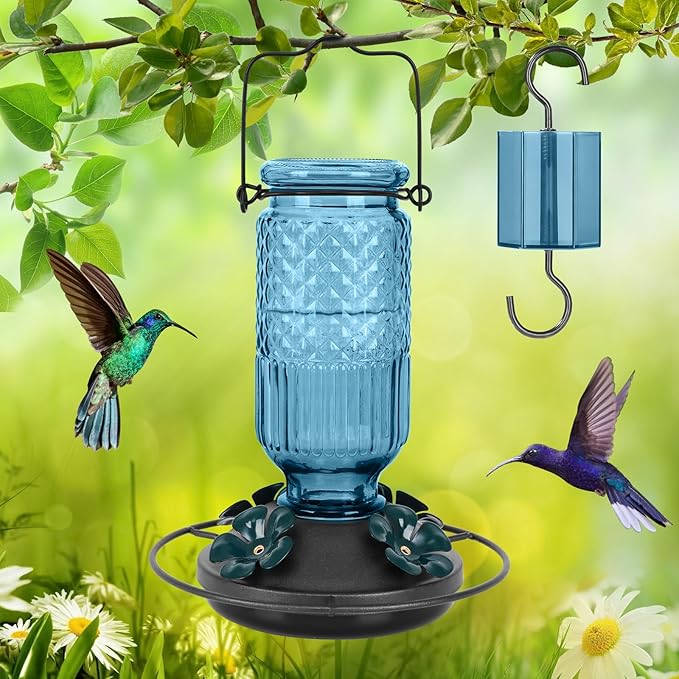 FEED GARDEN Glass Hummingbird Feeder for Outdoors, 16oz with Bee Guards & Ant Moat, Leak-Proof, Blue