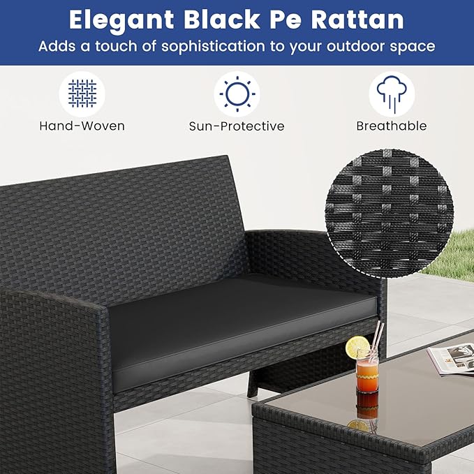 Tangkula 8 Pieces Patio Wicker Furniture Set, Outdoor Heavy Duty Rattan Cushioned Chairs, Loveseat and Tempered Glass Coffee Table, for Backyard, Balcony, Poolside (2, Black)
