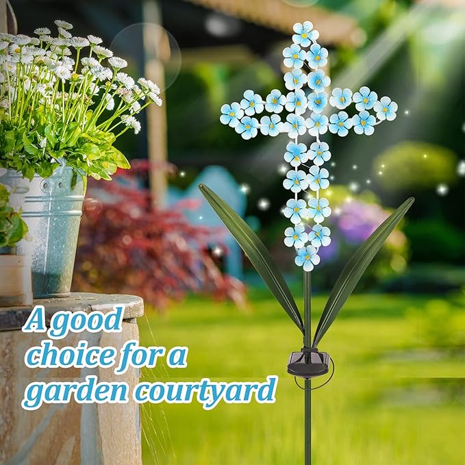 Solar Cross Garden Stake Outdoor Lights, 40 Inch Solar Powered Cross Lights Stake with 24 LED Decorative Flower Lights for Remembrance Gifts