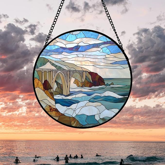 DASTOLL Stained Glass Window Hanging 4 Pcs Set Ocean Waves Large 15" - Blue and White Sea Suncatcher Door Garden Sun Catcher Decor Birthday Christmas for Mom Woman Nana Men