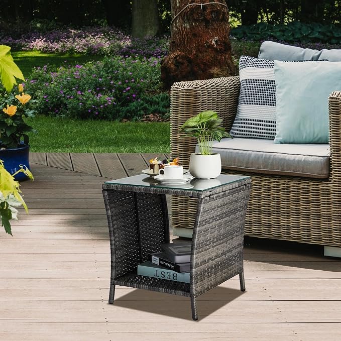 HOMSUPPLIE'S Outdoor Rattan Side Table with Storage, Square Patio Coffee Table w/Tempered Glass Top, Wicker End Table for Porch, Balcony, Poolside & Backyard(Grey,Tempered Glass sty.3)