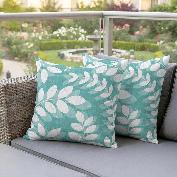 Teal Green Leaves Outdoor Waterproof Throw Pillow Covers 18x18 Set of 2, Farmhouse Botanical Branch Vintage Boho Leaf Decorative Pillowcases Cushion Pillowcase for Couch Sofa Patio Pillow Protector