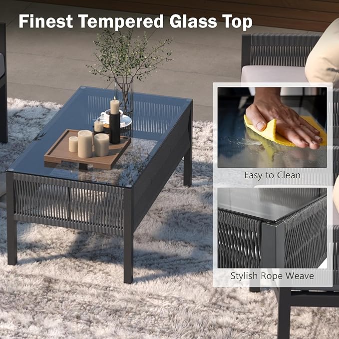 Harper & Bright Designs K&K 4-Piece Rope Patio Furniture Set, Outdoor Furniture with Tempered Glass Table, Patio Conversation Set Deep Seating with Thick Cushion for Backyard Porch Balcony (Grey)