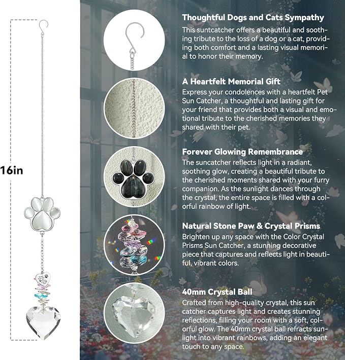 Dog Memorial Gifts, Pet Memorial Suncatcher, Loss of Dog Sympathy Gift | Thoughtful Dogs and Cats Bereavement Remembrance Gifts, Natural Cat's Eye Stone Paw Crystal Suncatcher