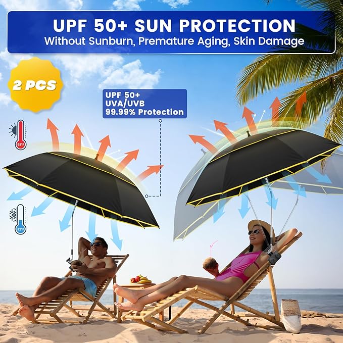 Chair Umbrella with Clamp,2PACK 53 inches Double Canopy Beach Chair Umbrella with Universal Clamp,50+ UV Protection,360° Swivel,Folding Clip on Sun Umbrellas for Table,Camping,Bench Chairs,Golf Cart