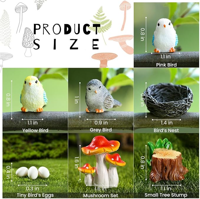 Fairy Garden Accessories, 7 Pieces Birds Resin Figures with Bird's Nest Mushroom, Handmade Miniature Decor, Garden Miniatures Home Outdoor Decors, Perfect DIY Gift