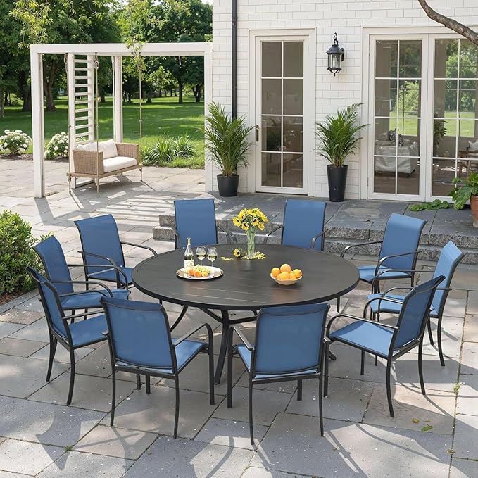 VICLLAX 11 Pieces Patio Outdoor Dining Set, 60" Round Metal Table with Umbrella Hole and 10 Stackable Textilene Chairs for Patio, Lawn, Garden, Porch, Black/Dark Blue