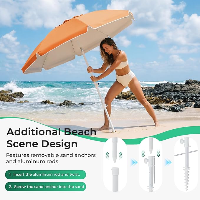 JEAREY 6.5ft Sun Shade Umbrellas, Portable Umbrella with Stand, Lightweight Sun Protection Free Standing Sport Umbrella for Outdoor Sports, Camping, Fishing, Patio, Beach, Sun Orange