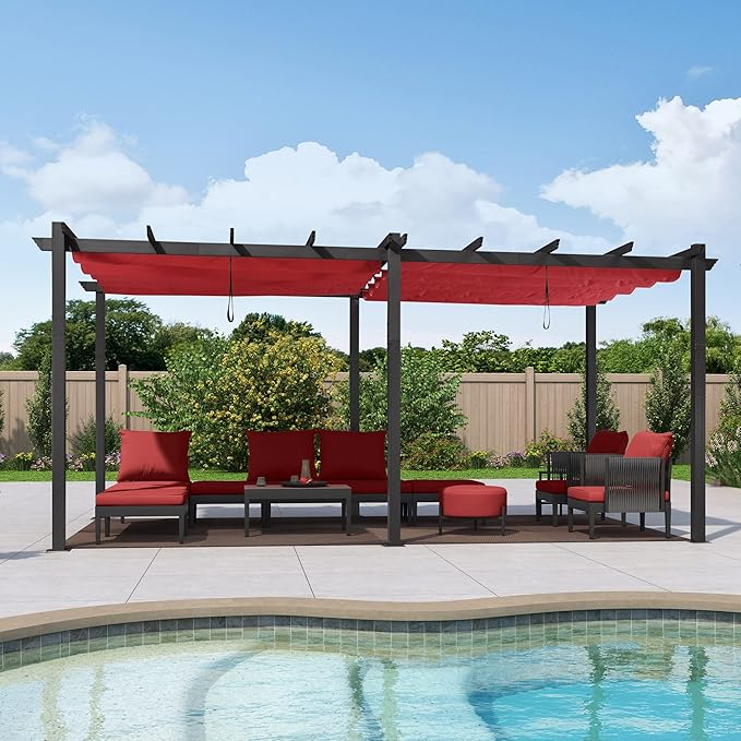 PURPLE LEAF 10' X 18' Outdoor Pergola with Retractable Canopy Aluminum Shelter for Porch Garden Sun Shade Beach Pavilion Grape Trellis Grill Gazebo Modern Backyard Deck Metal Patio Pergola Terra