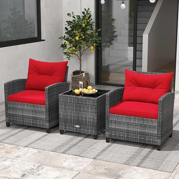 ORALNER Patio Furniture, 3 Pieces Outdoor Wicker Conversation Set Chairs with Soft Cushions and Glass Coffee Table, Rattan Bistro Set for Balcony Garden Deck Front Porch Poolside (Red)