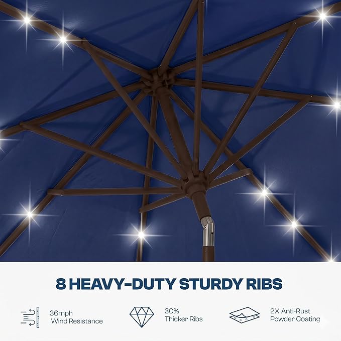10FT Solar Lighted Patio Umbrella, Outdoor Table Market Umbrellas with Push Button Tilt and Crank, 32 LED Lights, 8 Sturdy Ribs, UV-Resistant for Deck, Garden, Pool