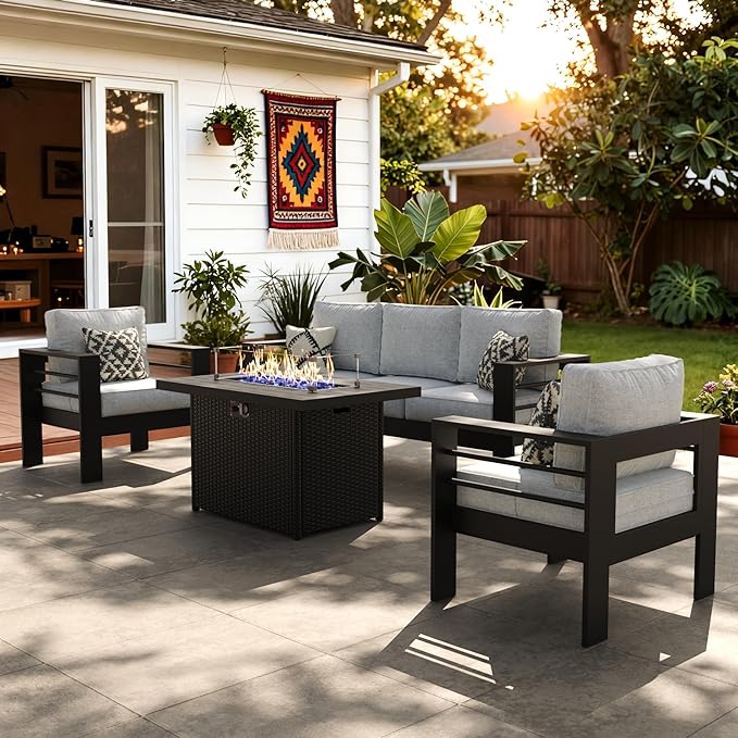 LayinSun Aluminum Furniture Set with Fire Pit Table, 4 Pieces Patio Sectional Conversation Chat Sofa Modern Seating Set