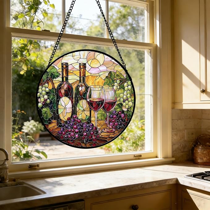 DASTOLL Stained Glass Window Hanging, Grapes and Wine Suncatcher Diamond Glass Panel Hangings Sun Catchers Decor for Birthday for Women, Men, Wife, Aunt, and Mom 7.8 in