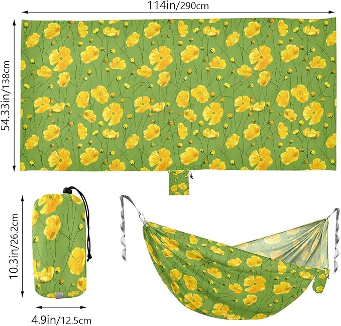 Camping Hammock Outdoor Hammocks for Outside Yellow Buttercups Green Beach Trees Portable Lightweight with Pockets Tree Straps Indoor