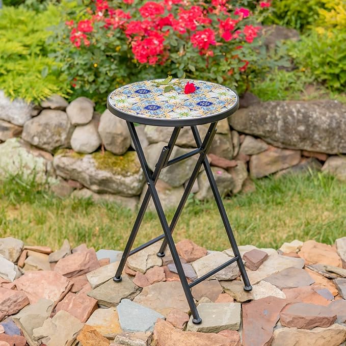 Mosaic Tile Furniture with Black Metal Frame and Patterned Tile Tops (Bar Harbor - Black/Blue/Green, Folding Accent Table)