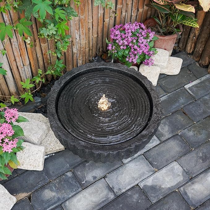 YZM Outdoor Garden Water Fountain Round Bubbler Water Feature with LED Light and Pump, Resin Water Bowl Fountain for Patio, Yard, Deck, Porch or Indoor Decor