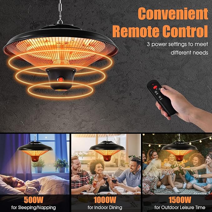 COSTWAY Hanging Patio Heater, 1500W Electric Ceiling Infrared Heater with Remote Control, 3 Heat Settings, Indoor Outdoor Heater for Large Room, Backyard, Balcony (Black)