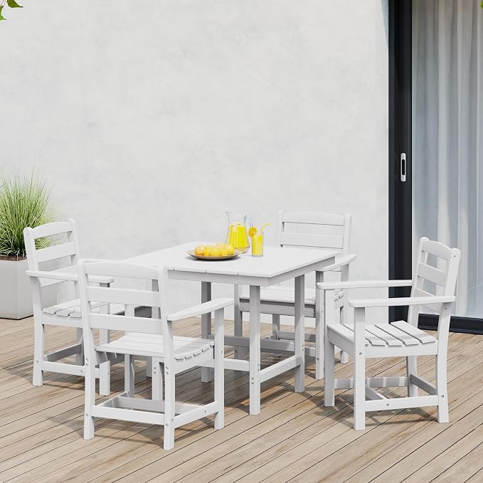 Costaelm Palms 5-Piece HDPE Outdoor Square Patio Dining Table Set with Armchairs, White