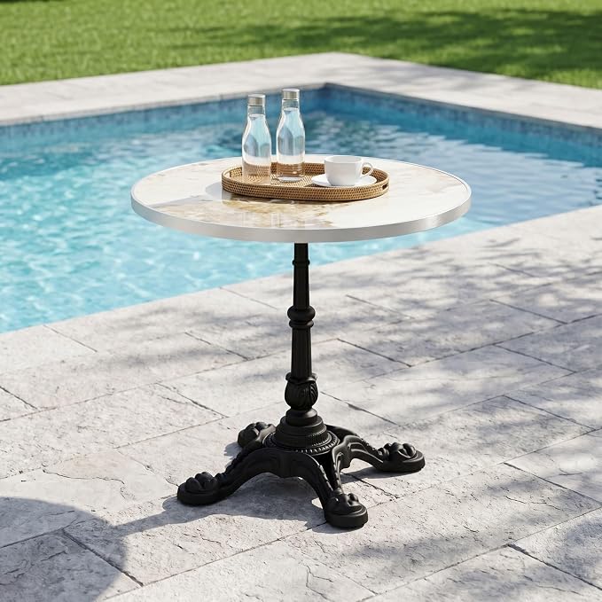 31.5 Inch Round Outdoor Patio Dining Table, Sintered Stone Bistro Table with Cast Iron Pedestal Base for Balcony Garden Poolside Cafe, Seats 2 to 4, Ivory Marble