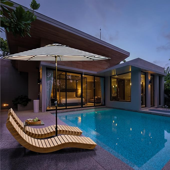 Midtown Umbrellas The LED Swilt 8 Feet Patio Umbrella With Terylast Navy Stripes (Navy/White) Polyester Fabric - Auto-Tilt Aluminum Frame With LED Lights For Backyard, Deck, Garden, Pool - Black Pole