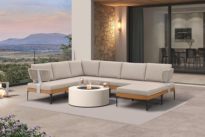 PURPLE LEAF Patio Furniture Set Outdoor Sectional Sofa with Cushions and Pillows Wicker L-Shaped 7 Pieces Aluminum Conversation Sets with Ottoman for Balcony Yard Garden Poolside, Oatmeal Greige
