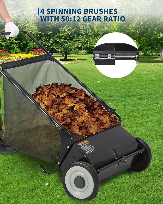Takywep 26-Inch Push Lawn Sweeper, Anti-Rust Steel Frame, 4 High-Density Brushes, Adjustable Height, 7 Cu.Ft Collection Bag for Yard Debris (Black)