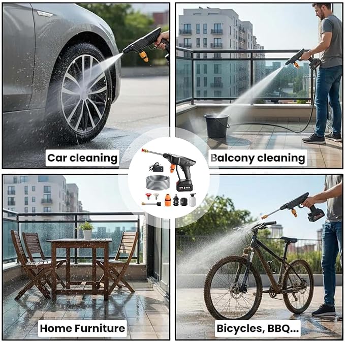 Cordless Pressure Washer Hosepipe Spray, Handheld Battery Powered Washer Kit with Nozzle and 5m/16.5ft Tube for Washing Cars/Floor/Garden Cleaning & Watering Flowers