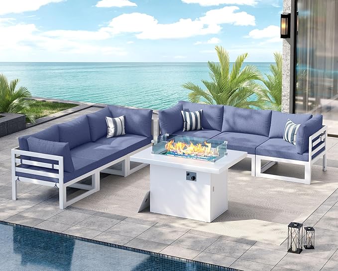 NICESOUL 6 Seat Oversized Modern Aluminum Patio Furniture Set, All Weather Rust Proof Modular Sectional Sofa with Fire Pit Table, 500 lbs Heavy Duty Comfy Outdoor Couch for Garden Backyard, Denim Blue