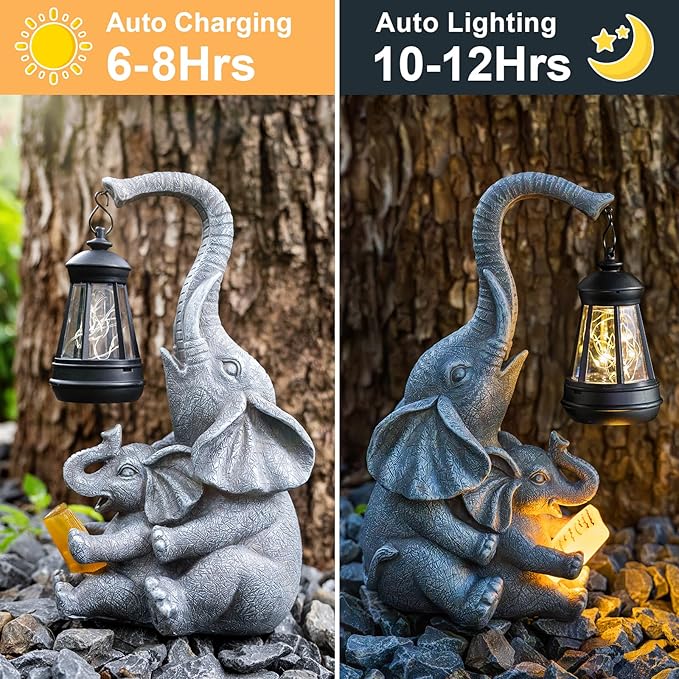 Candieslife Solar Garden Statue Lights Loving Elephants Figurine with Solar Lantern, Outdoor Yard Decorations for Patio Porch Home, Housewarming Elephant Gifts for Mom, Women