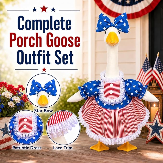 4th of July Porch Goose Outfits for 23 Inch Goose Statue, Patriotic Red White and Blue Porch Goose Dress with Star Bow, Summer Sculpture Clothes for Independence Day Garden Patio Decor