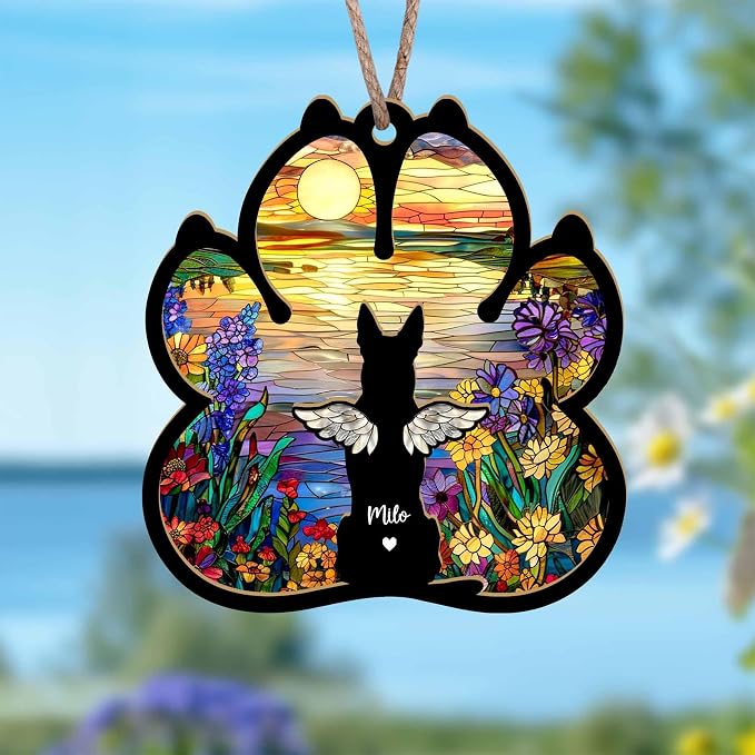 Personalized Pet Memorial Suncatcher, Custom Dog Cat Memorial Window Hanging with Photo & Name, Stained Glass Style Memorial Suncatcher, Rainbow Bridge Sympathy Gift for Pet Lovers