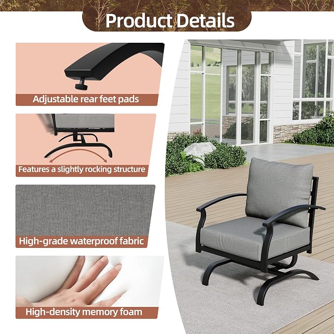 Kurapika 2 Pieces Patio Furniture Set, Outdoor Metal Rocking Chair, Patio Bistro Set Rocker with Thickened Cushions for Porch Garden Deck, Grey