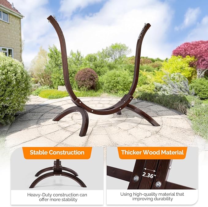 Solid Wood Hammock Stand for Indoor & Outdoor Use, Fit Most Hammock Chairs, Heavy-Duty Arc Design, Weatherproof Coating, Easy Assembly - Carbonized Brown, Sturdy & Stable Hanging Frame (No Chair)