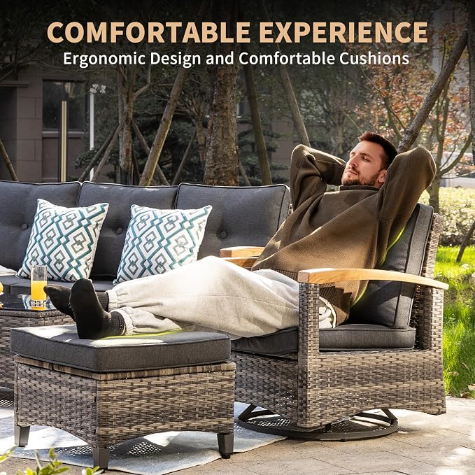 MEISSALIVVE 10 Pieces Outdoor Patio Furniture Sets, Wicker Patio Conversation Sets with 2 Wood Armrests Swivel Glide Chairs,2 Single Chairs, Outdoor Couch and Coffee Table(Grey)