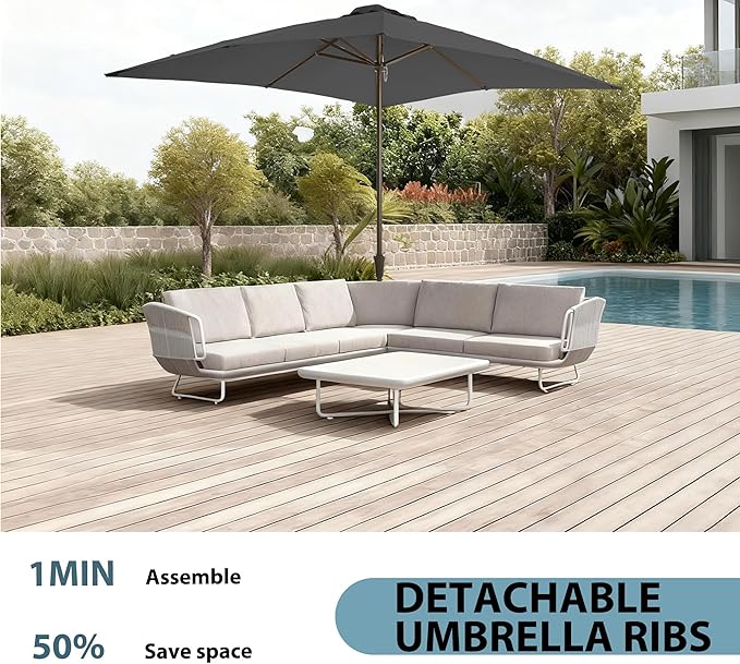 8x10FT Rectangular Patio Umbrella with Crank Lift for Garden,UV Protection Outdoor Umbrella for Deck,Pool and Yard,Grey