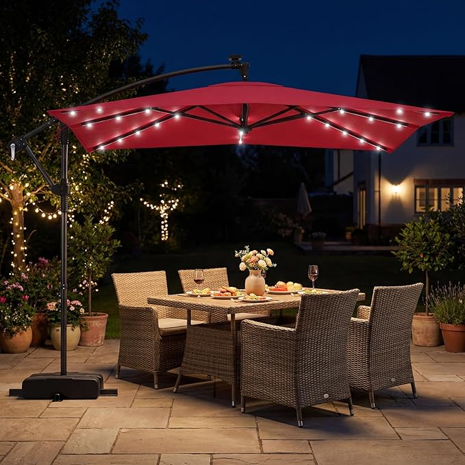 Tangkula 8x8 FT Solar Patio Umbrella with Base Included, Square Offset Cantilever Outdoor Umbrella with 360 Degree Rotation, 32 LED Lights, Crank Handle, 2 Sandbags, 8 Ribs, Air Vent for Pool Deck Garden Backyard