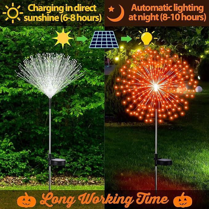 Tujoe 4 Pcs Christmas Solar Decoration Outdoor Orange Solar Firework Lights 180 LED 8 Modes Waterproof LED Stake Sparkler Decor for Holiday Walkway Pathway Garden Driveway Path Lawn Yard (Orange)