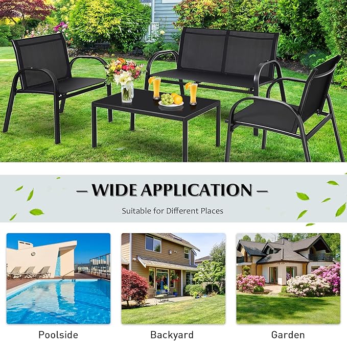 DORTALA 4 Piece Outdoor Furniture Set, Patio Conversation Set with Loveseat, 2 Single Chairs, Patio Sofa Garden Sofa Set with Steel Frame, Ideal for Balcony,Poolside, Black