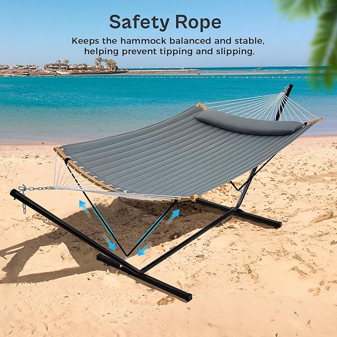 SUPERJARE Hammock with Stand, 2 Person Heavy Duty Hammock with Padded Cotton, Detachable Pillow & Strong Curved-Bar & Portable Carrying Bag, Perfect for Outdoor & Indoor, Neutral Gray