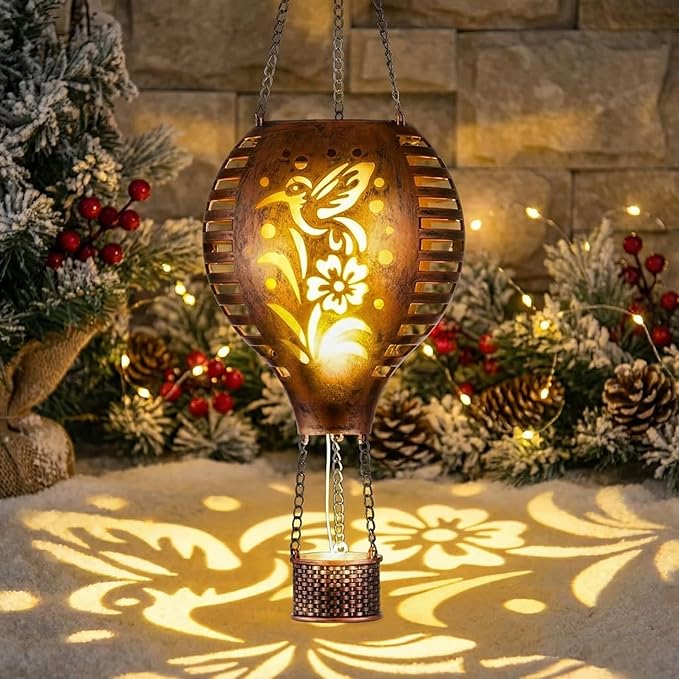 TERESA'S COLLECTIONS 1 Pack Hummingbird Hot Air Balloon Hanging Solar Lantern for Garden Decor,10.6 Inch Outdoor Lights for Tree Yard Decorations,Patio Yard Front Porch Lawn Ornaments as Gifts for Mom