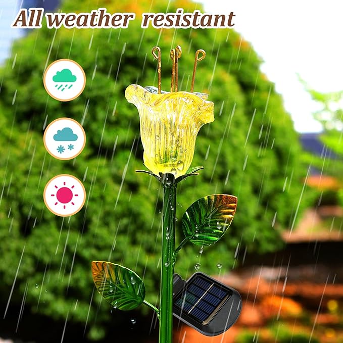 VChymm Solar Decorative Flowers 2 Pack - Waterproof Yellow Glass Lily Flower Lights, Auto ON/OFF for Garden, Patio, Backyard