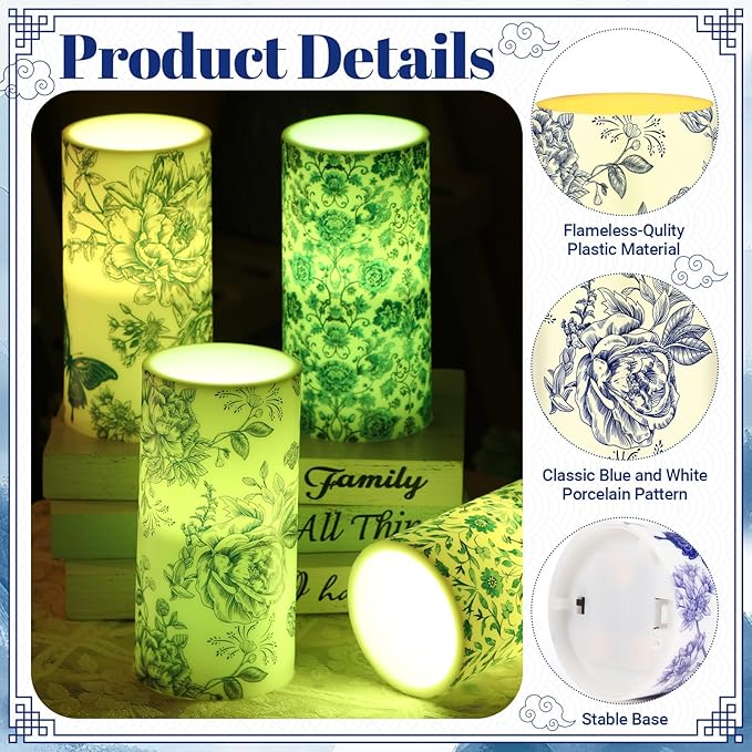 Tiamon 4 Pcs Chinoiserie Flameless Pillar Candles LED Blue and White Porcelain Candles Set Battery Operated Warm Light Flickering Chinoiserie Decor for Wedding Home Table Party Decoration