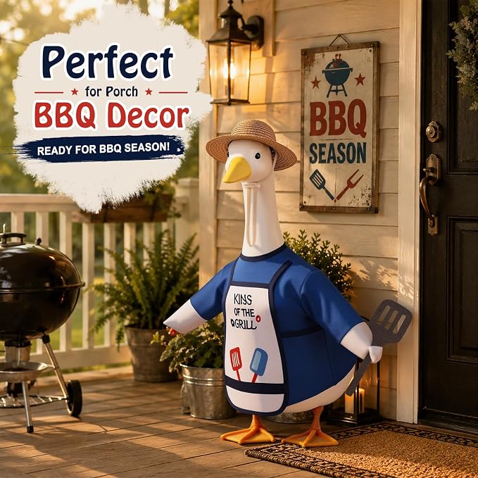 BBQ Porch Goose Outfits, 23 Inch Porch Goose Summer Outfit, Funny Duck Clothes with Straw Hat, Apron & Spatula -Goose Clothes for Cement Goose Outdoor Garden Yard Decor