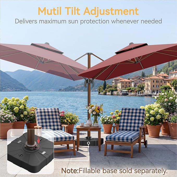 10x13 FT Wood Pattern Patio Umbrella, Large Deluxe Cantilever Rectangular Double Top Heavy Duty Offset Umbrellas with 360° Rotation, Outdoor shade for Garden Deck Pool Patio, Red