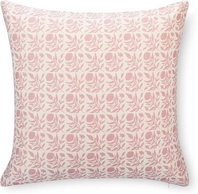 Crumbs Home Modern Farmhouse California Casual Indoor Outdoor Throw Pillow Cover, 20"x20" Water Repellent for Patio, Backyard, Couch, Poolside, Dark Rose Print Floral and Leaves Geometric